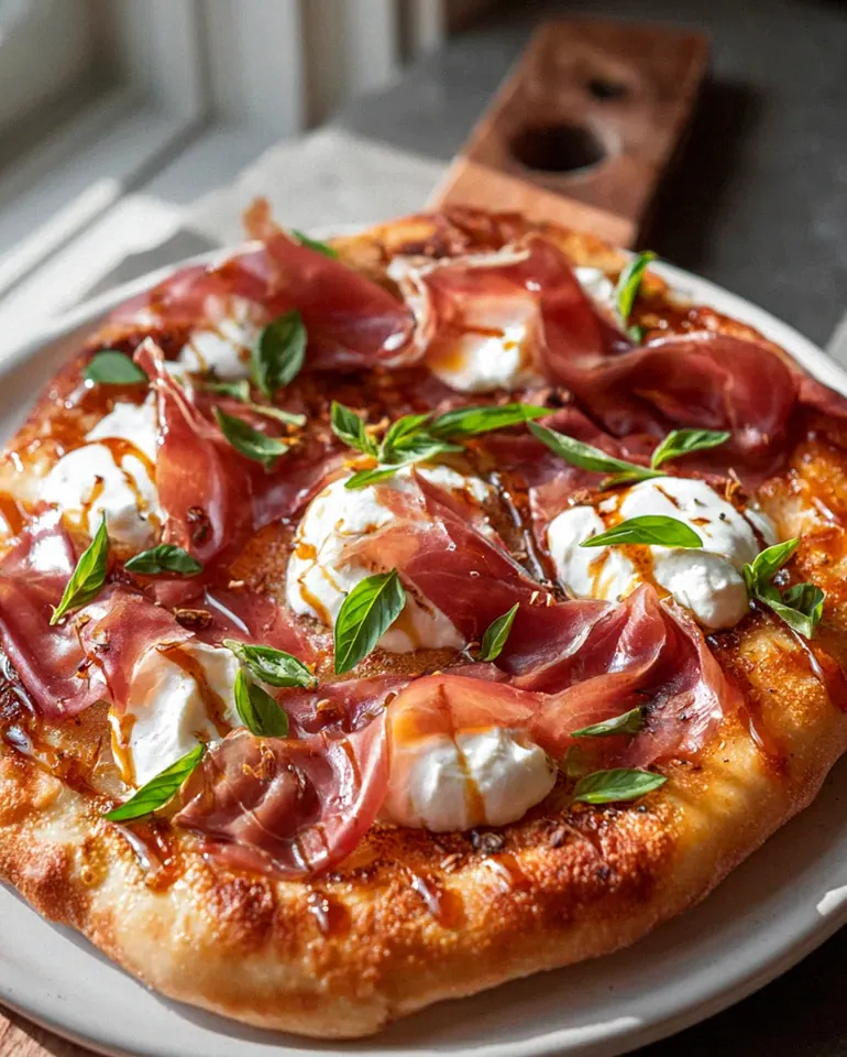 Beef Putenschinken, Honig Burrata Pizza