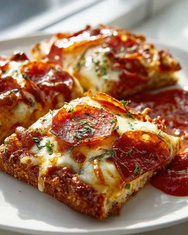 Beef turkey pepperoni Pizzasticks auf dem Blech mit Marinara-Sauce