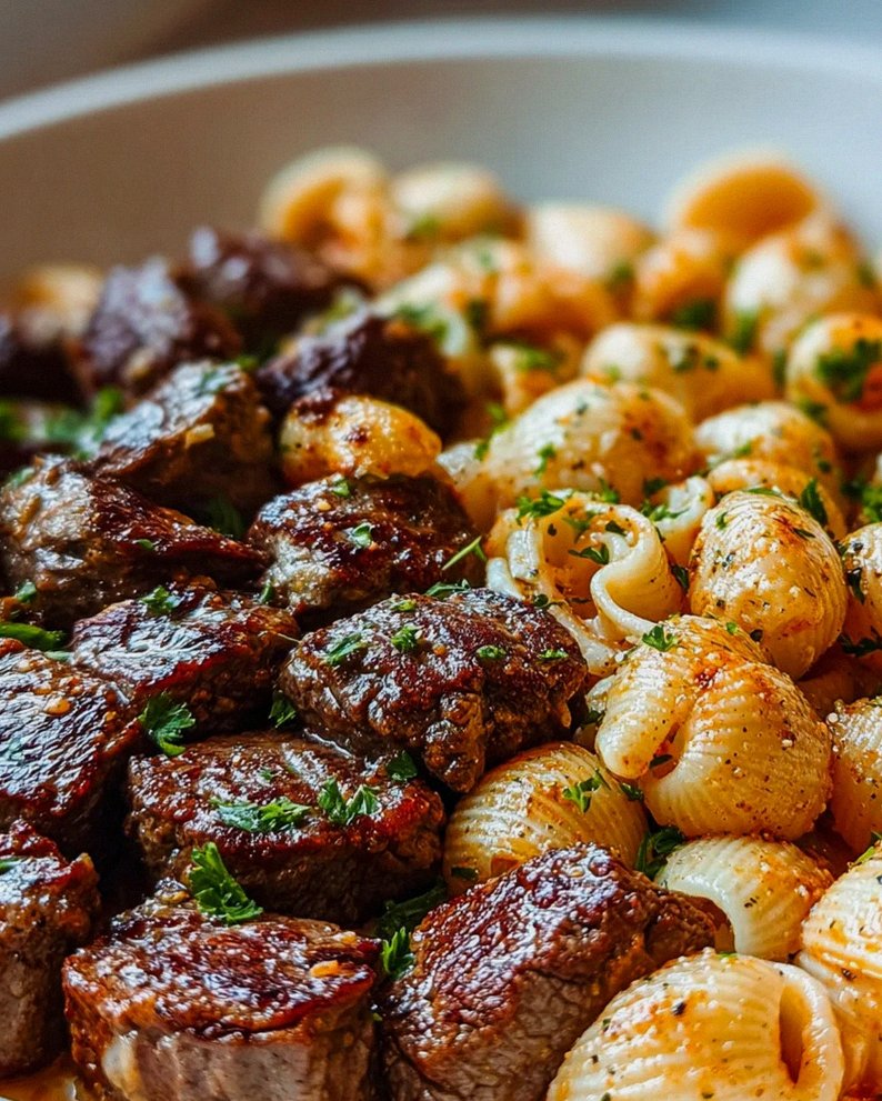 Cajun Rinderhappen & Käse-Knoblauch-Nudeln aus der Pfanne