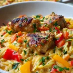 Cremiges Paprika Sahne Hähnchen mit Orzo Nudeln aus dem Ofen