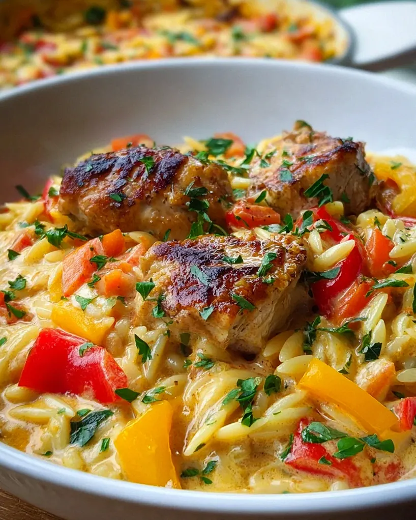 Cremiges Paprika Sahne Hähnchen mit Orzo Nudeln aus dem Ofen – Schritt 1