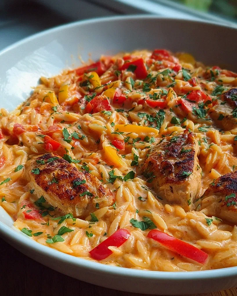 Cremiges Paprika Sahne Hähnchen mit Orzo Nudeln aus dem Ofen – Schritt 2