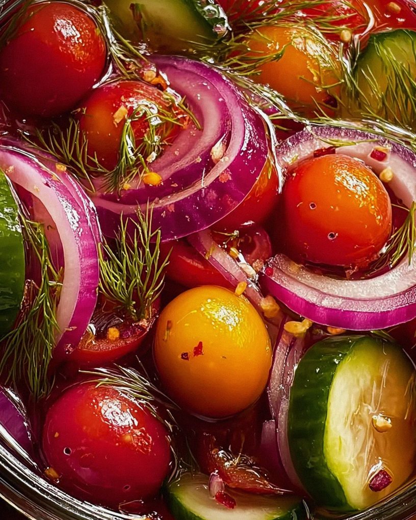 Eingelegte Kirschtomaten, Rote Zwiebeln und Gurken