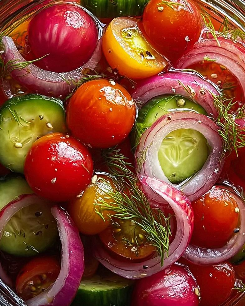 Eingelegte Kirschtomaten, Rote Zwiebeln und Gurken – Schritt 1