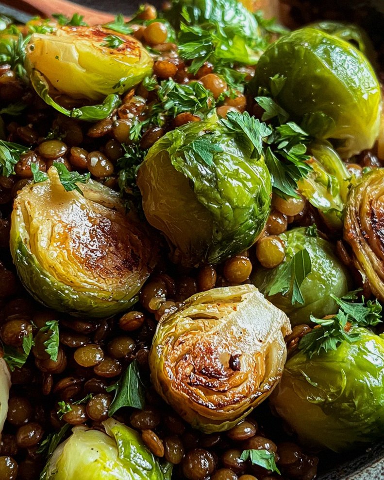 Gebratener Rosenkohl mit Berglinsen – Schritt 1