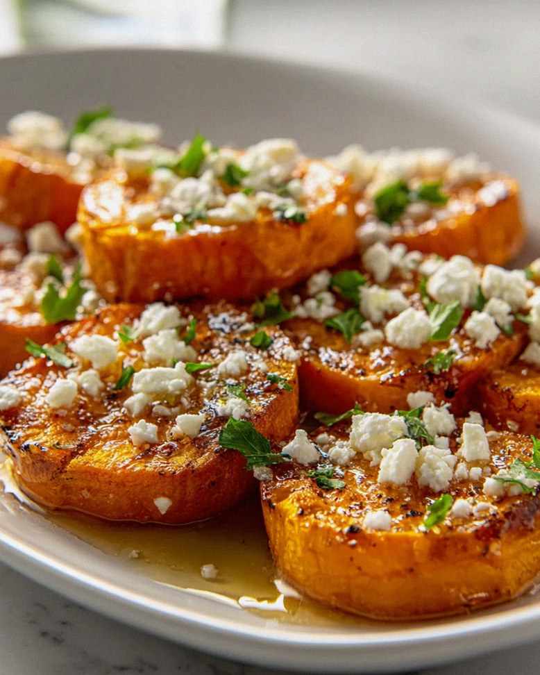 Geröstete Süßkartoffelrunden mit Honig-Feta Rezept