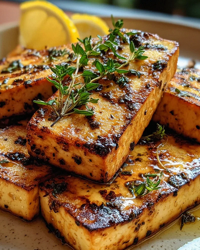 Griechischer gegrillter Tofu mit Zitrone und Thymian