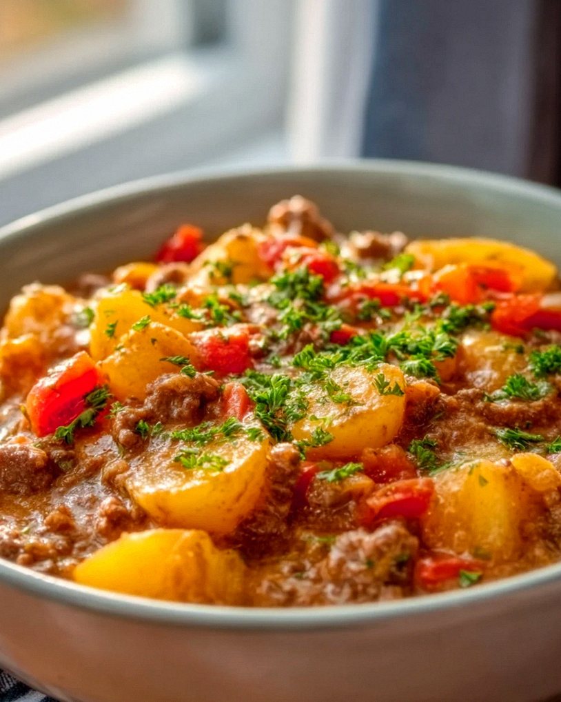 Herzhafter Bauerntopf mit Hackfleisch, Kartoffeln und Paprika – Schritt 1