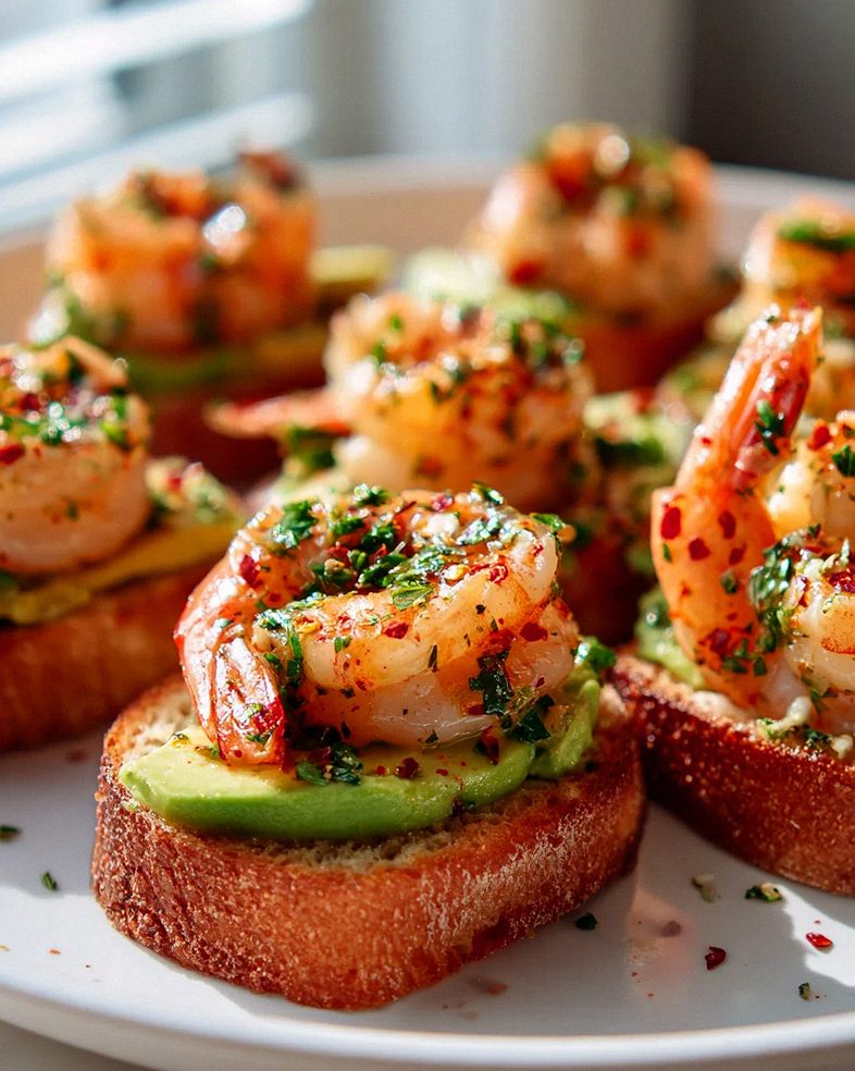 Knoblauchgarnelen-Crostini mit Avocado