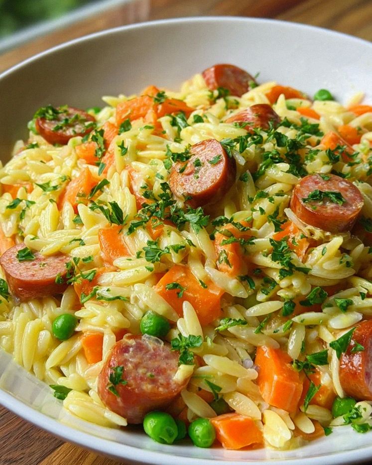 Kritharaki-Pfanne mit Würstchen – Schritt 1