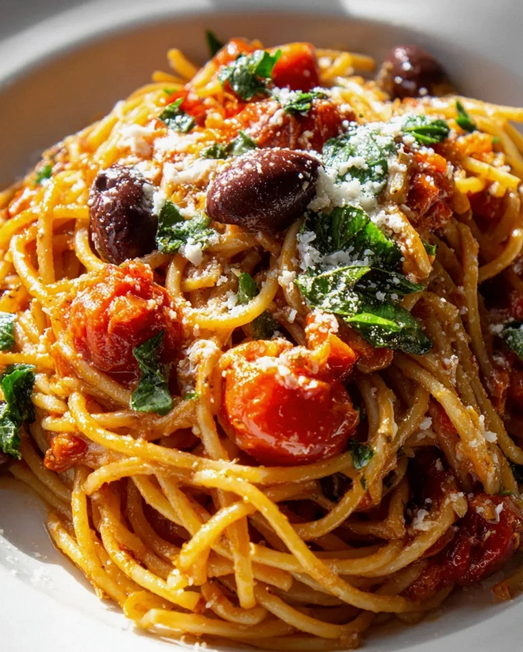 Mediterrane Pasta mit gerösteten Tomaten & Oliven