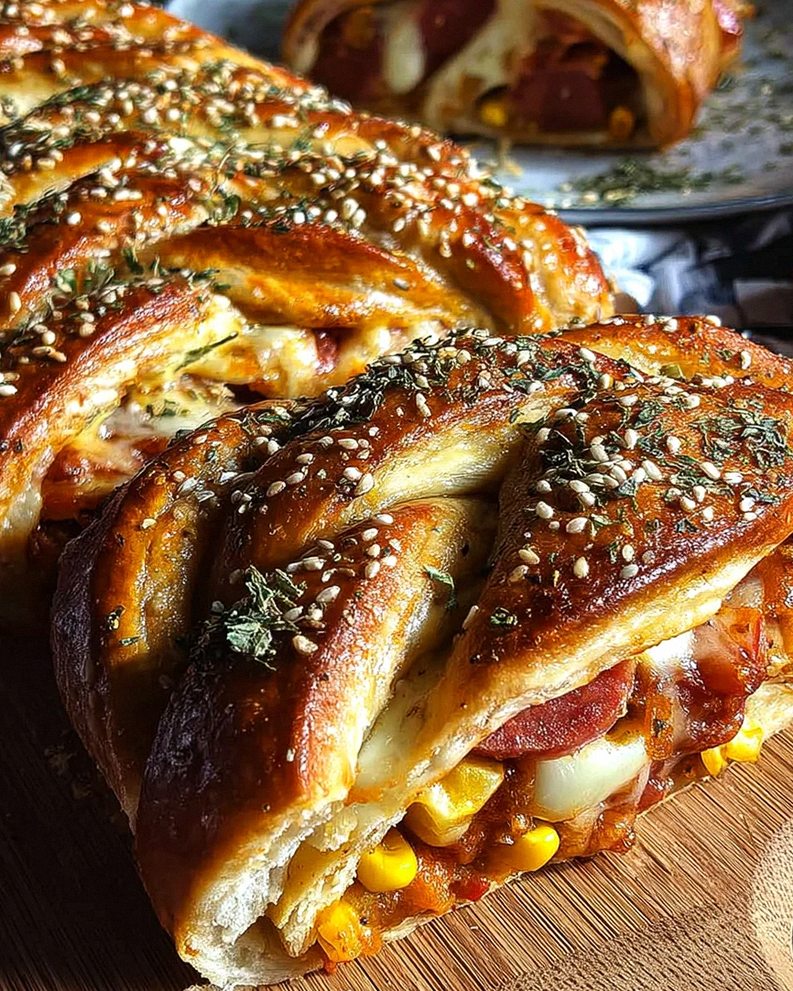 Pizza-Strudel (auch Pizza-Zopf genannt) aus fertigem Pizzateig – Schritt 1