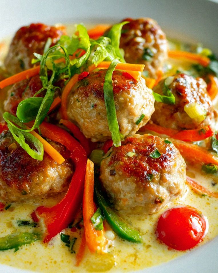 Saftige Thai Hähnchen-Frikadellen in cremigem Kokos-Curry