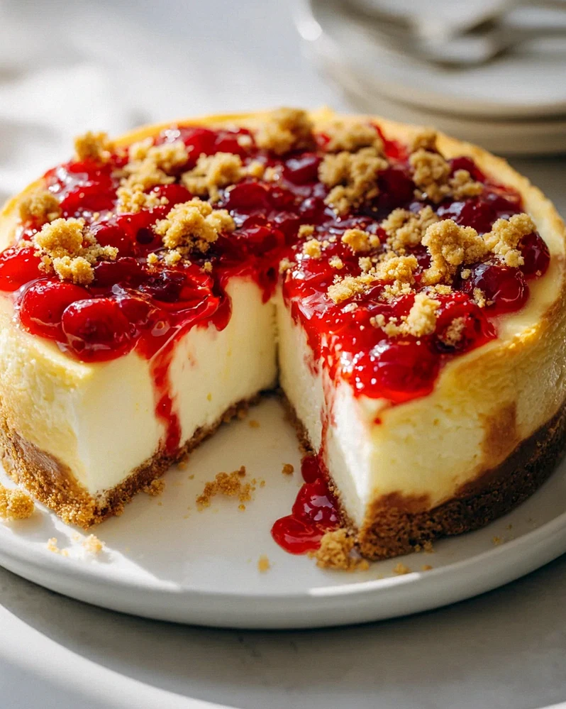 Saftiger Käsekuchen mit Kirschextrakt & Streuseln