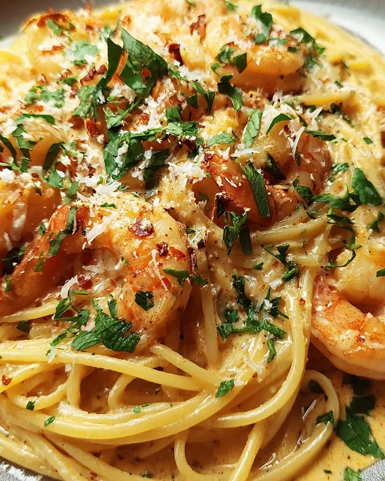 Spaghetti mit Garnelen in Knoblauch-Sahnesauce