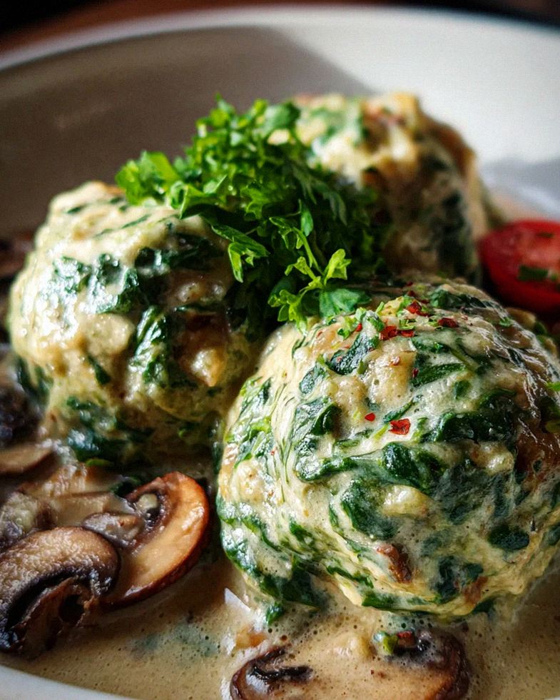 Südtiroler Spinatknödel mit Pilzrahm